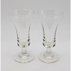 Vintage 2 Jagermeister Shot Glasses Footed Fluted Stemmed 2 clear glasses